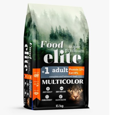 Food Elite Super Premium  Multicolor 15kg Ξηρά Τροφή για Ενήλικες Γάτες με Αρνί, Κοτόπουλο και Σολομό